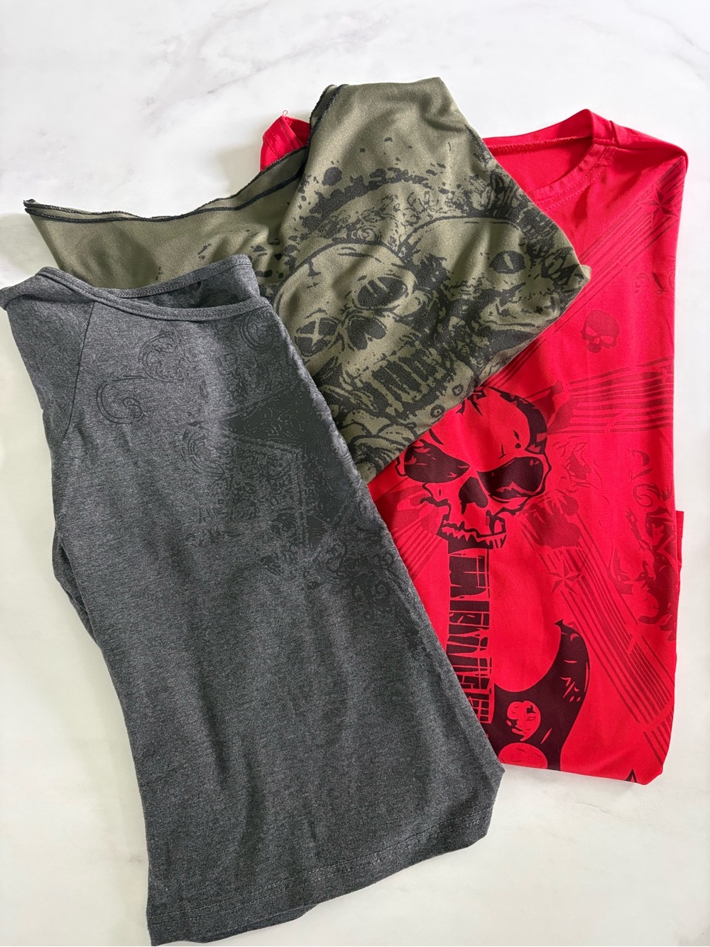 WOMENS LOT OF 3 Skull Graphic Tee Bundle - Red, Olive, Charcoal SZ-XL